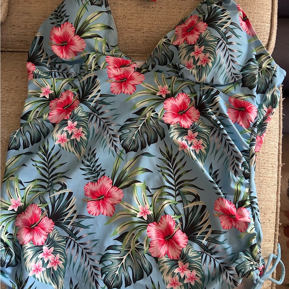 Floral Tankini Top - Blue and Pink